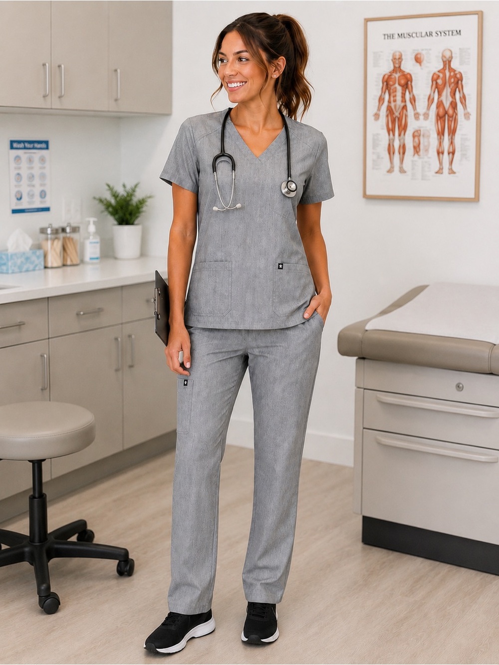 Beyond Scrubs Women’s Gray Scrub Set V-Neck Top & Straight Leg Drawstring Pants